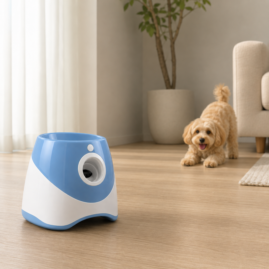 Lançador Automático de Bolas para Cães | Zion Pet em uso, demonstrando o funcionamento