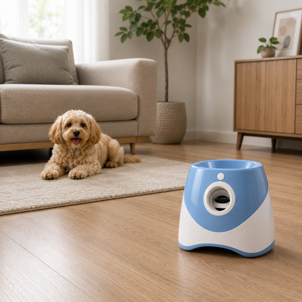 Lançador Automático de Bolas para Cães | Zion Pet em ambiente doméstico, mostrando a escala real