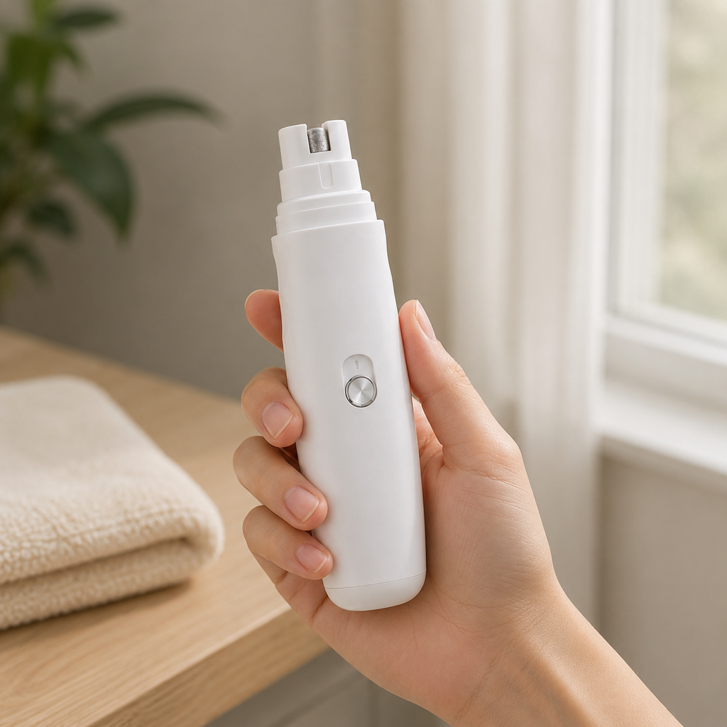 Lixadeira de Unhas Pet Elétrica e Silenciosa em ambiente doméstico, mostrando a escala real