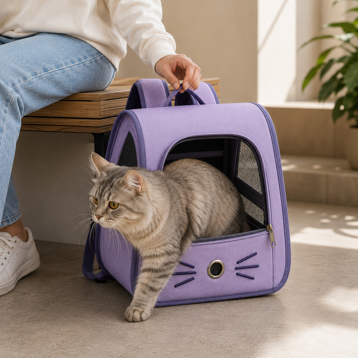 Mochila Pet Visor Transparente em uso, demonstrando o funcionamento