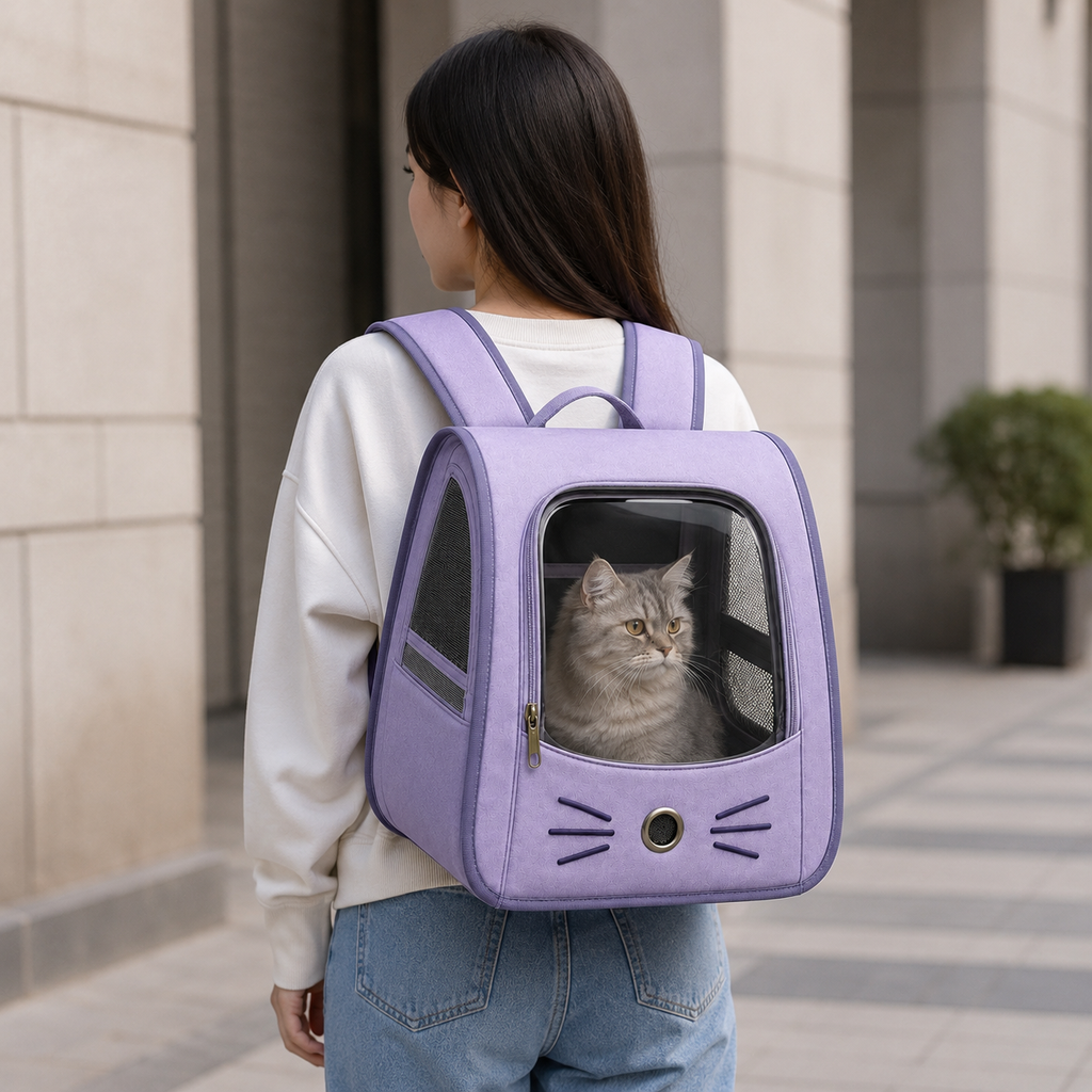 Mochila Pet Visor Transparente em ambiente doméstico, mostrando a escala real