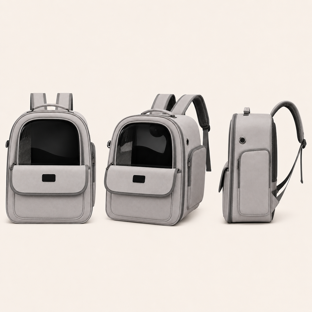 Mochila Transportadora Pet Dobrável e Respirável — ângulos e variações em fundo branco