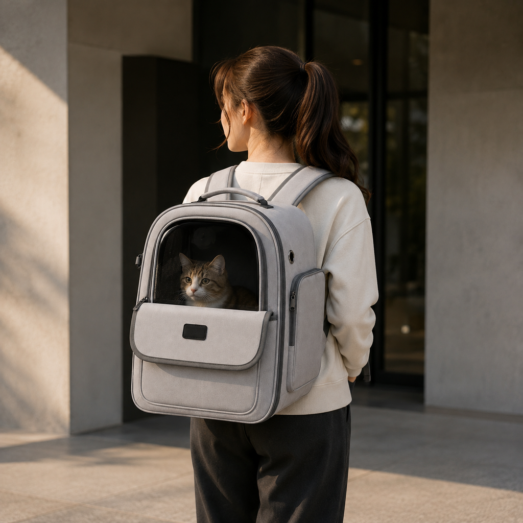 Mochila Transportadora Pet Dobrável e Respirável em ambiente doméstico, mostrando a escala real