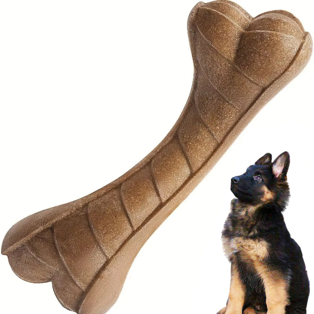 Osso simulado para mastigação de cães com textura resistente e fragrância de carne.