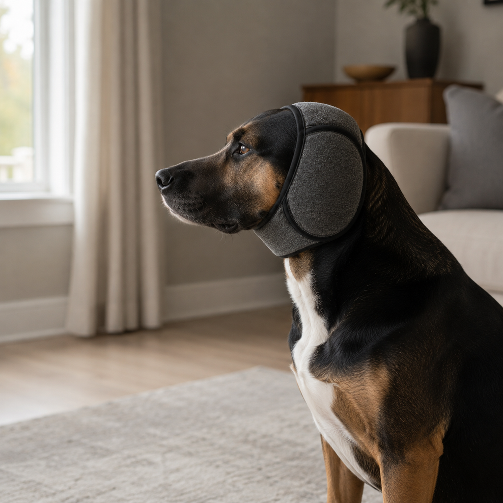 Protetor Auricular para Cão Zion Pet | Redução de Ruído em uso, demonstrando o funcionamento