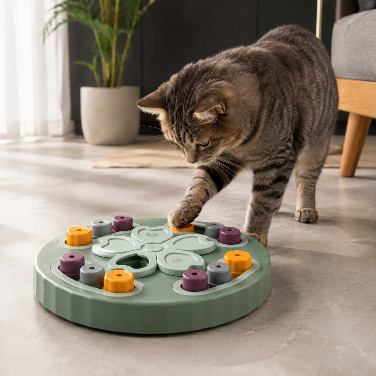 Quebra-Cabeça Interativo para Gatos e Cães em uso, demonstrando o funcionamento