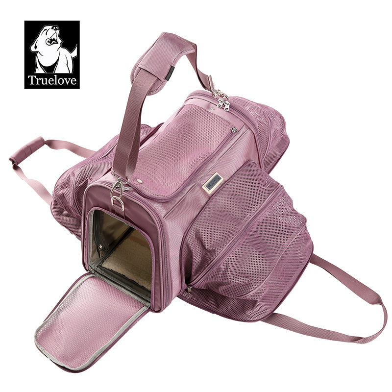 Transportadora pet feita em tecido Nylon Oxford com tela de ventilação frontal.