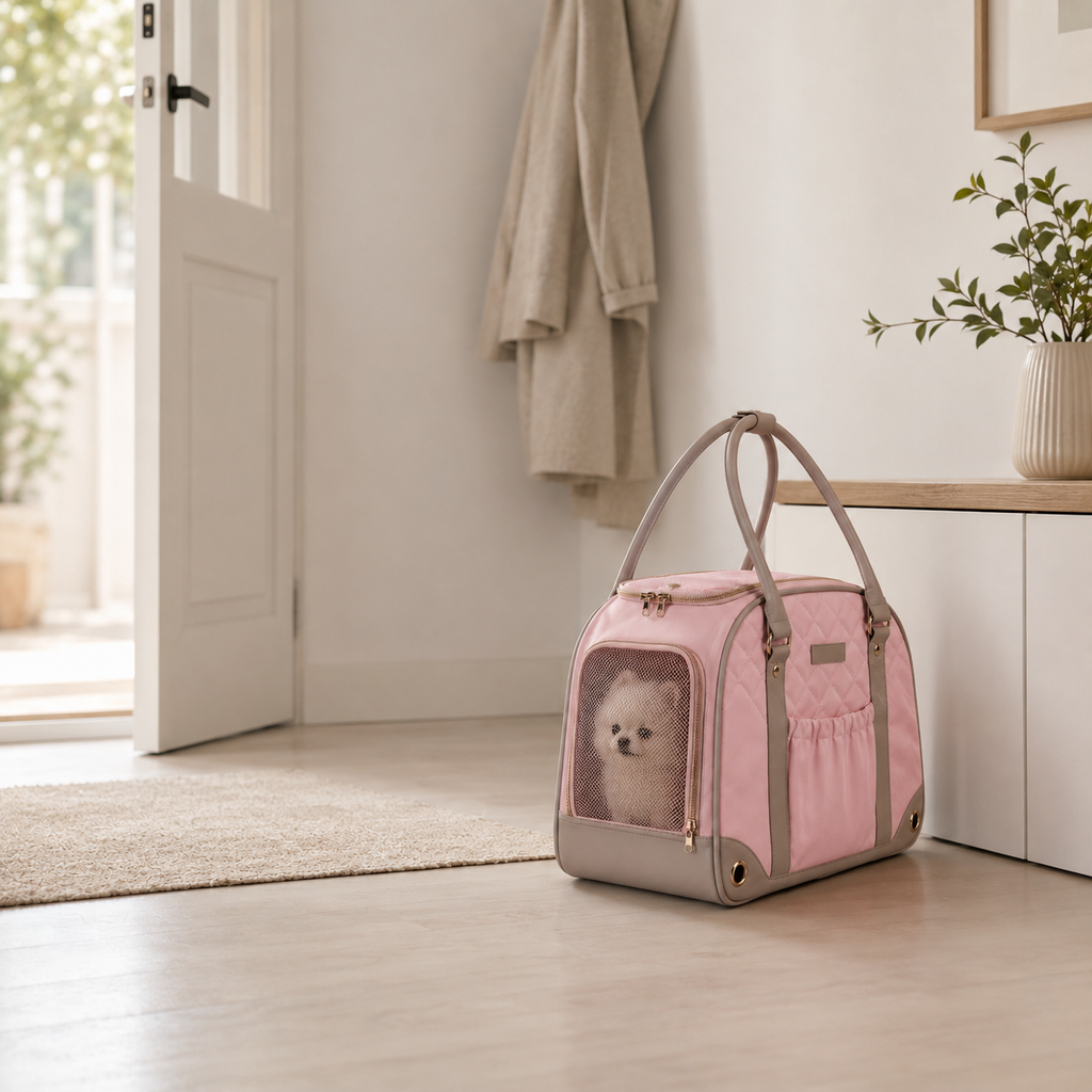 Bolsa de Transporte Pet Estilo Bolsa de Mão com Tela Respirável em uso, demonstrando o funcionamento