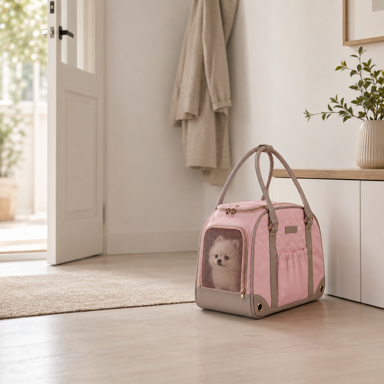 Bolsa de Transporte Pet Estilo Bolsa de Mão com Tela Respirável em uso, demonstrando o funcionamento